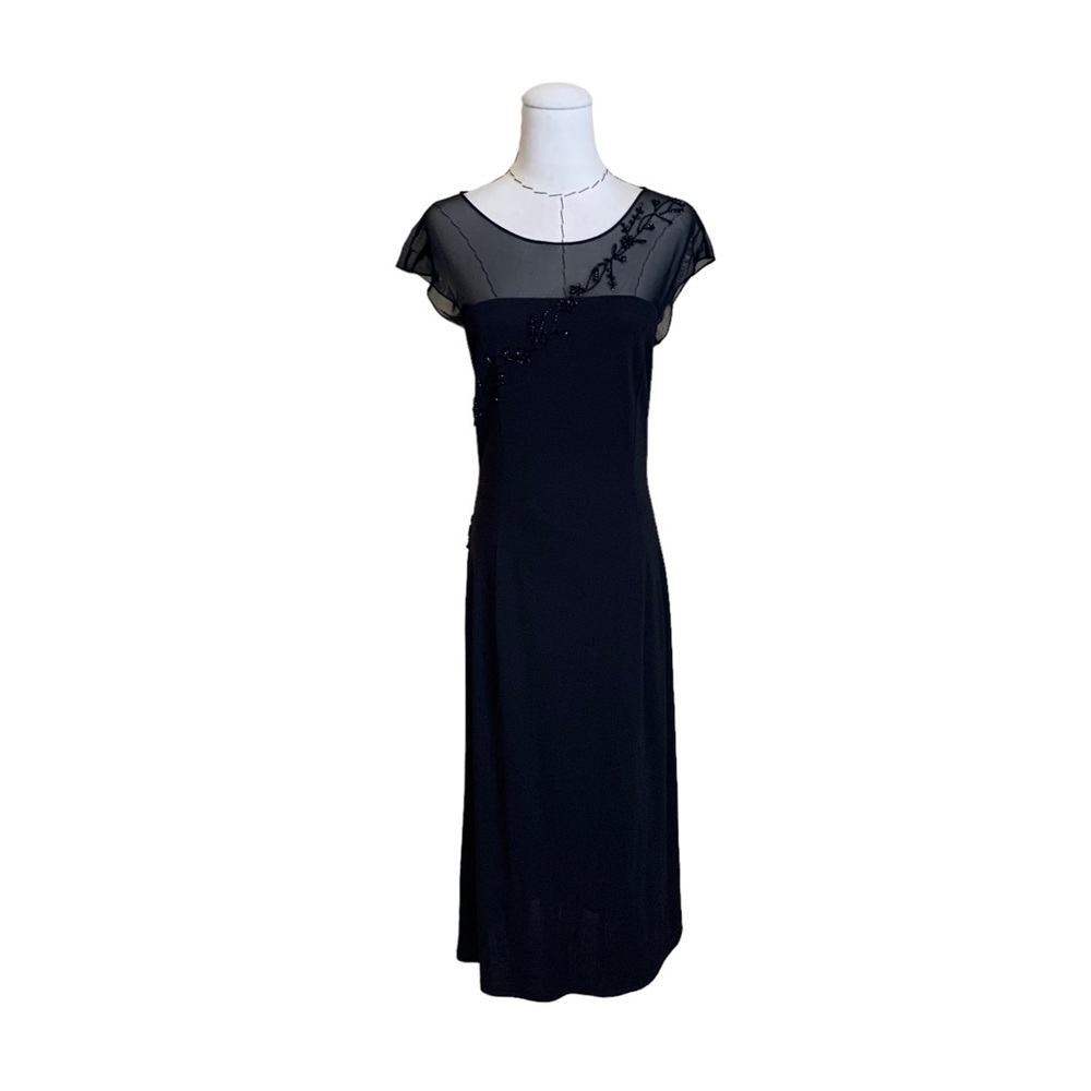 Vintage 90s Cache Black Sheer Mesh Beaded Bodycon Stretch Evening Midi Dress